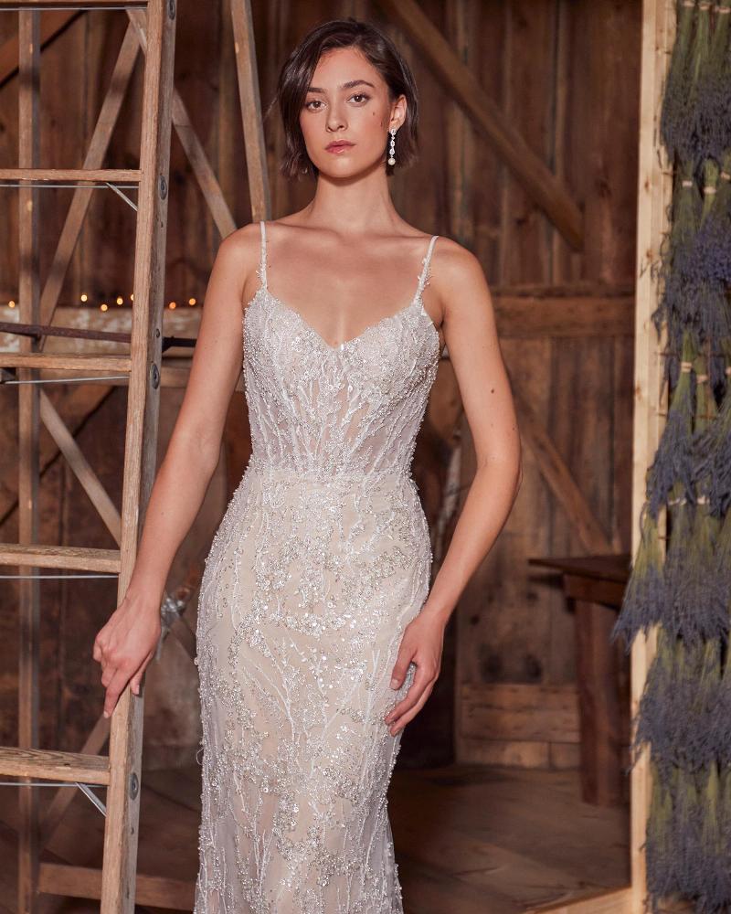 La24118 fitted sparkly wedding dress with v neck and spaghetti straps3